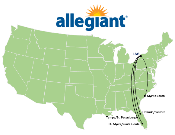 Map of Allegiant Air destinations from Niagara Falls International Airport